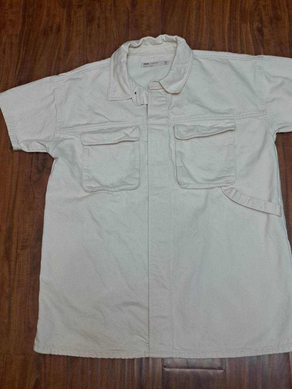ASOS Cream Short-Sleeve Denim Button-Down Utility Shirt/Mini Dress Sz 8